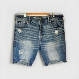 American Eagle Jean Denim Shorts Men's 38 Blue AirFlex+ Distressed Ripped Cutoff
